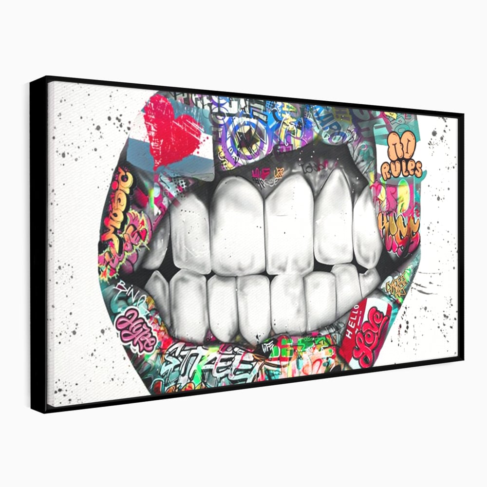 Tablou canvas cu tablou canvas cu buze graffiti, in rama de aluminiu negru